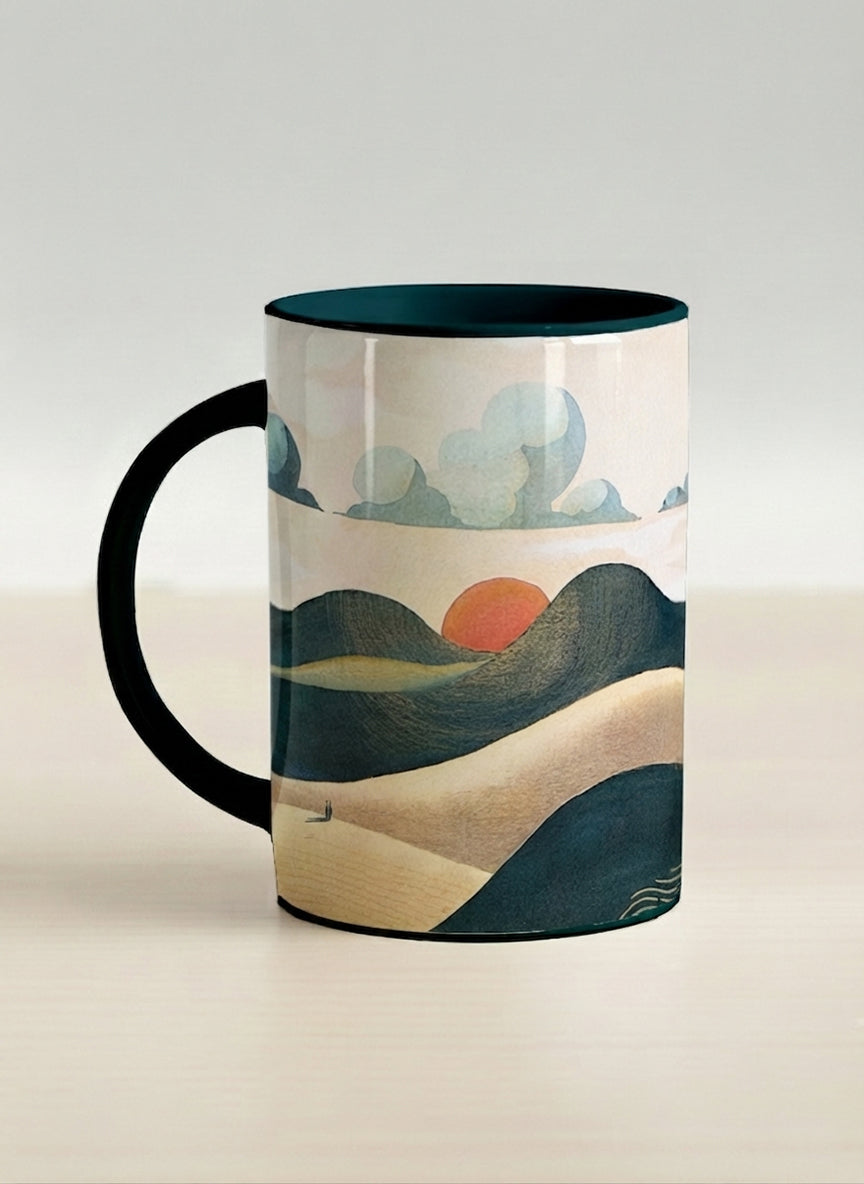 hero mug | Share a Sunset left view mug a lone figure walking through rolling sand dunes beneath a glowing orange sun and layered teal clouds, deep teal interior and handle, by KikaG - Gallery By Inhesion