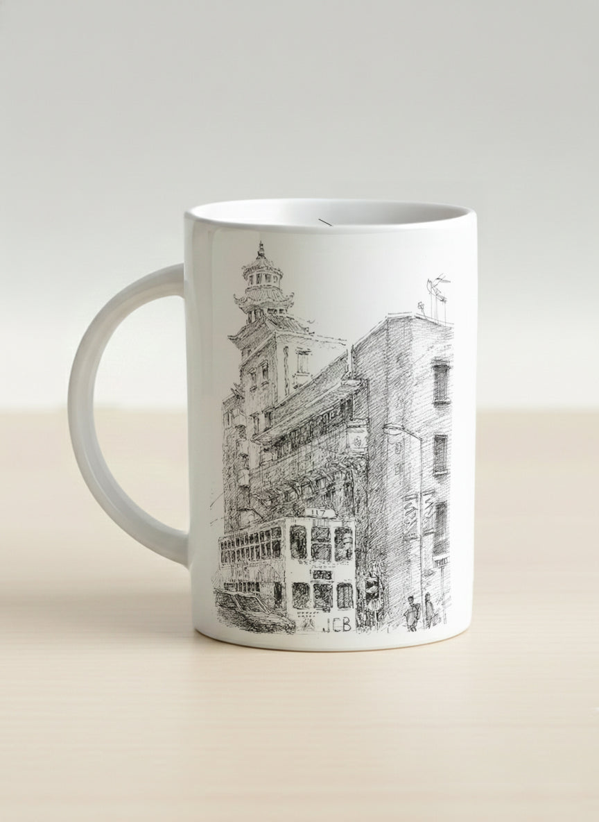 Hero Mug | Tramway Through Time left view mug showing a sketch of streets and tram in Hong Kong by Samuel Kwok - Gallery By Inhesion
