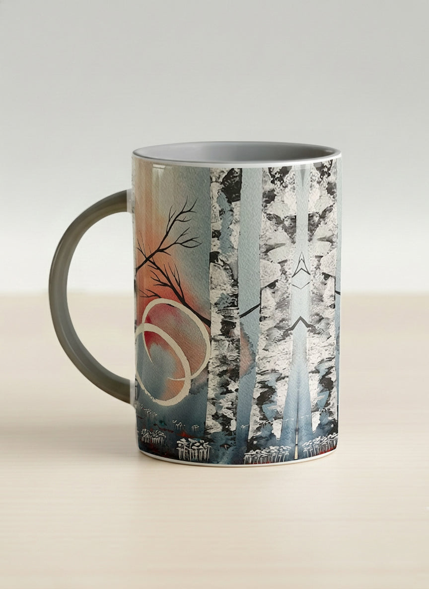 Hero Mug | Rings of Light left view mug with sun and tree, and soft pastel colors design by Renee Pupetz - Gallery By Inhesion