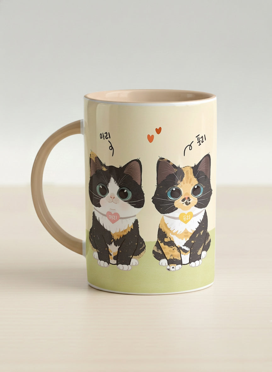 Hero mug | Our Precious Pair left view mug, two adorable tuxedo cats side by side with Korean name tags and tiny red hearts, soft cream interior and handle, by Hyun Jung Cho - Gallery By Inhesion