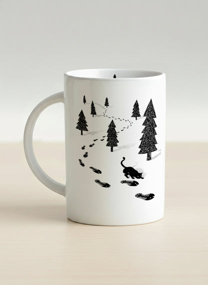 Hero Mug | The Curious Cat left view mug shows a sketch of a cat following fish-shaped footprints by Tang Yau Hoong - Gallery By Inhesion