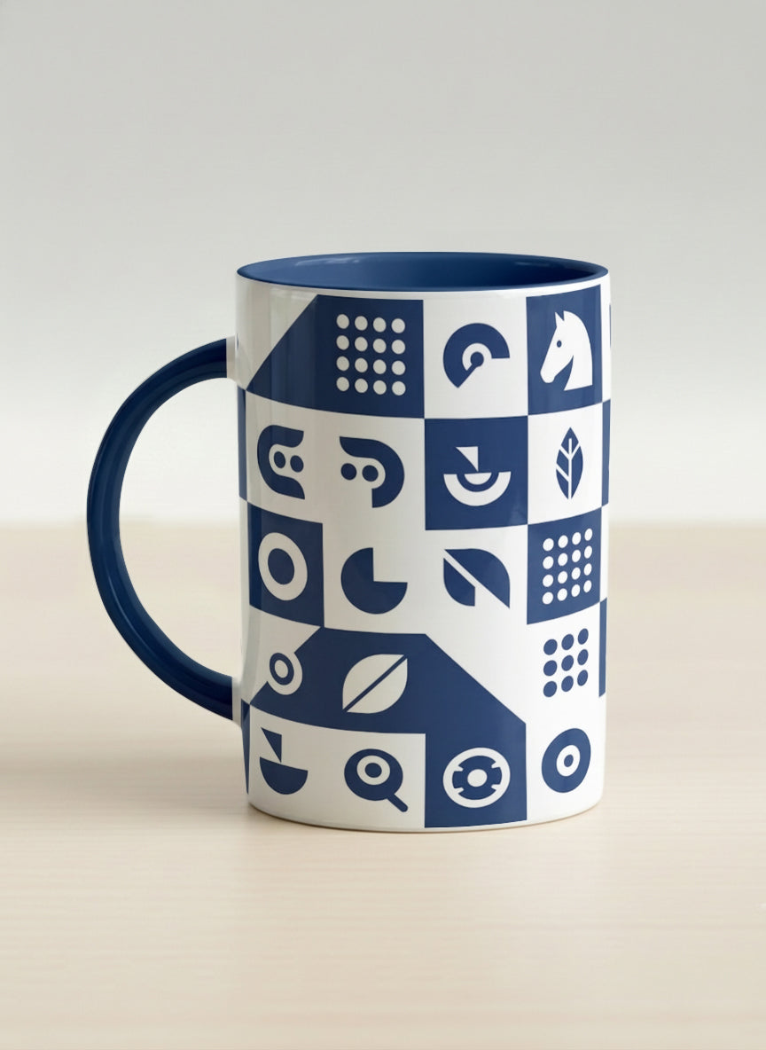 Hero Mug | Multiversal Sigils left view mug, navy and white checkerboard pattern with icons, blue interior and handle, by Alan CL Lee - Gallery By Inhesion
