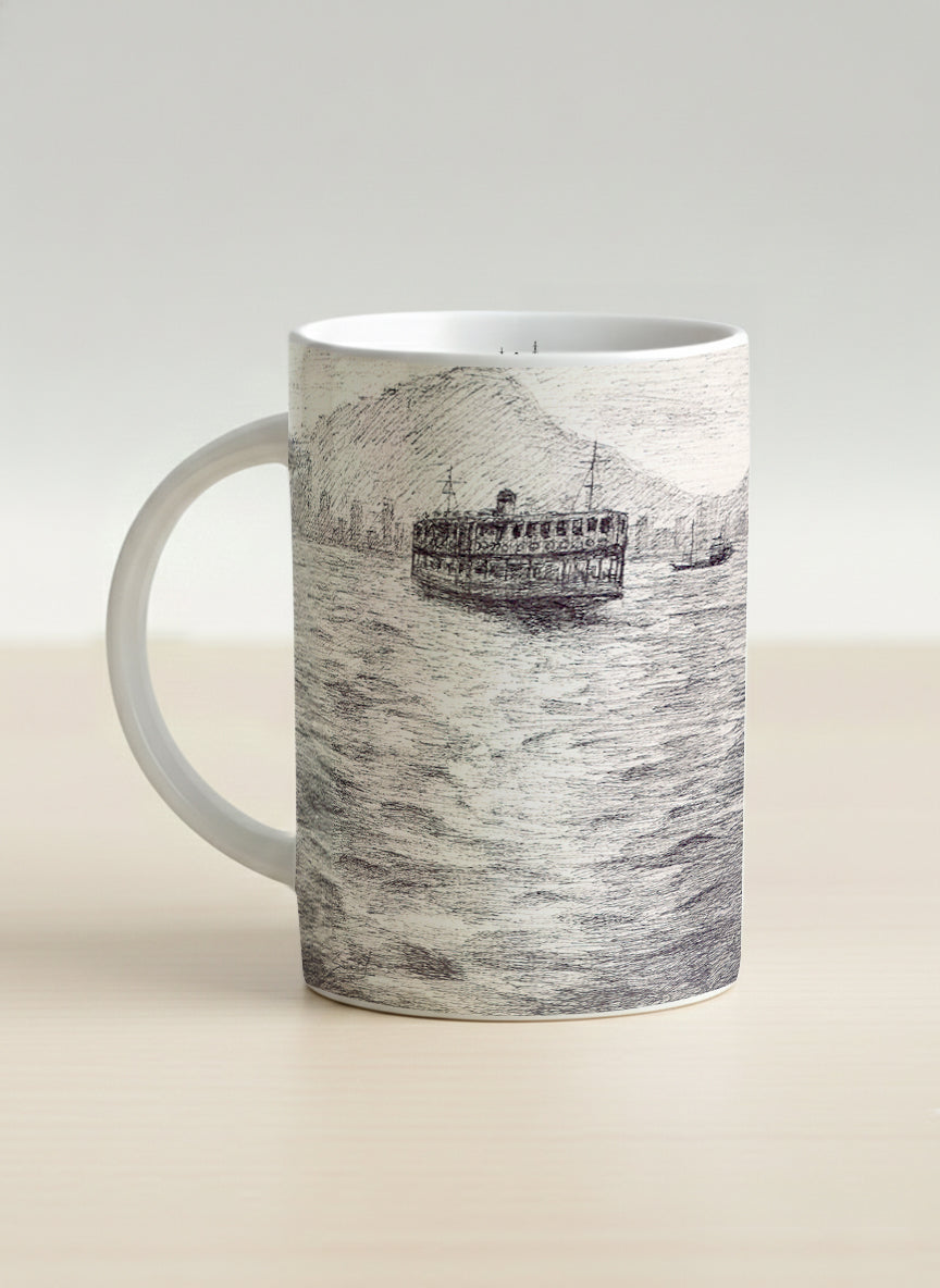 Hero Mug | Shimmering Passage left view mug showing a pen drawing Star Ferry in Hong Kong by Samuel Kwok - Gallery By Inhesion