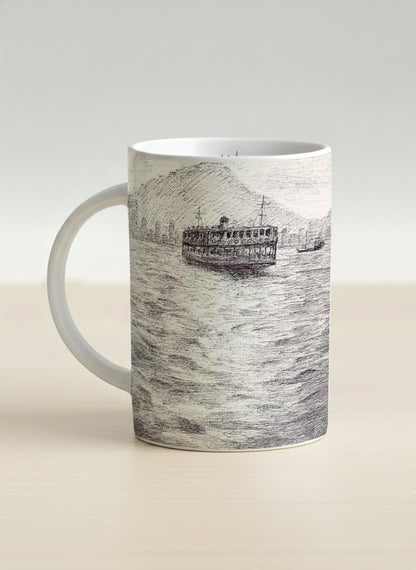 Hero Mug | Shimmering Passage left view mug showing a pen drawing Star Ferry in Hong Kong by Samuel Kwok - Gallery By Inhesion