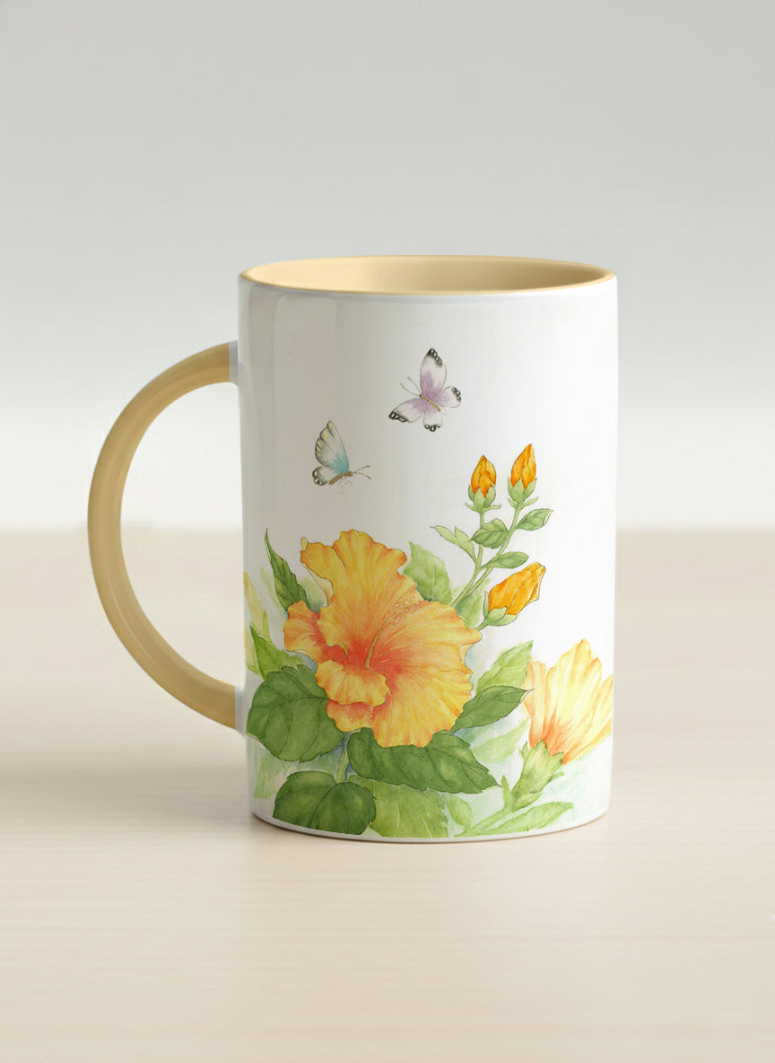 Hero Mug | Butterfly Lovers left view mug with watercolor butterflies and vibrant yellow/orange flowers by Alice Wong - Gallery By Inhesion