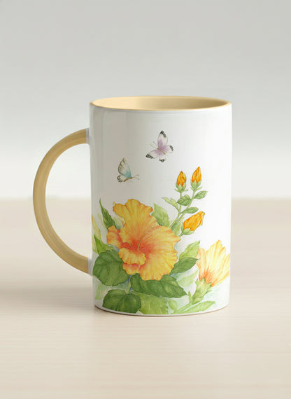 Hero Mug | Butterfly Lovers left view mug with watercolor butterflies and vibrant yellow/orange flowers by Alice Wong - Gallery By Inhesion