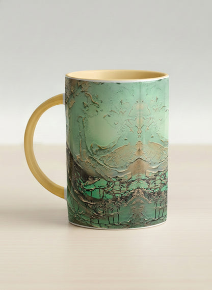 hero Mug | Emerald Magic left view mug showing abstract marbled pattern in green, gold, and earthy tones by Mersedes Mein - Gallery By Inhesion