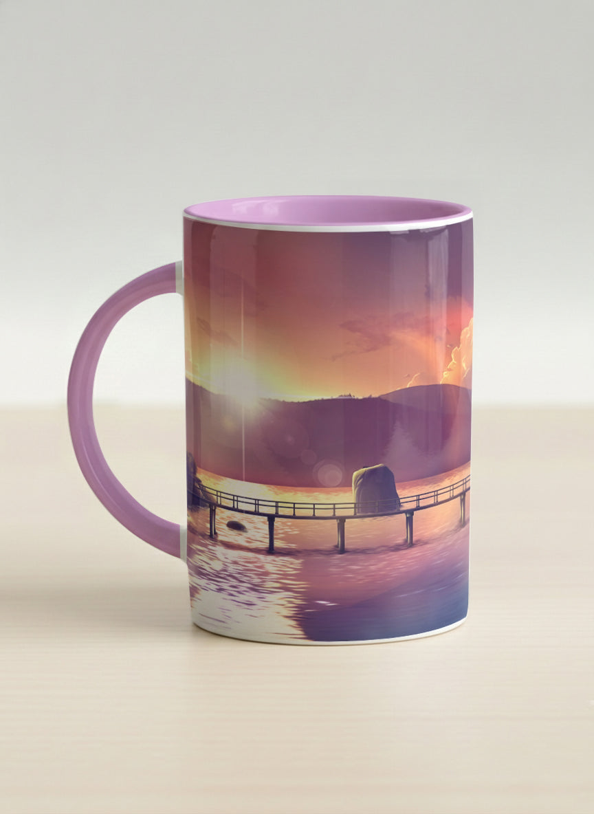 Hero Mug | Gaze into the Golden Hour left view mug glowing sunset over a lakeside pier in warm amber and violet, soft lilac interior, by Samuel Kwok Gallery By Inhesion