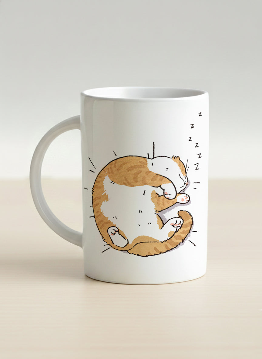 hero Mug | Sweet Dreams left view mug, a ginger tabby cat curled into a perfect circle fast asleep with tiny zzz's floating above, clean white interior and handle, by Hyun Jung Cho - Gallery By Inhesion
