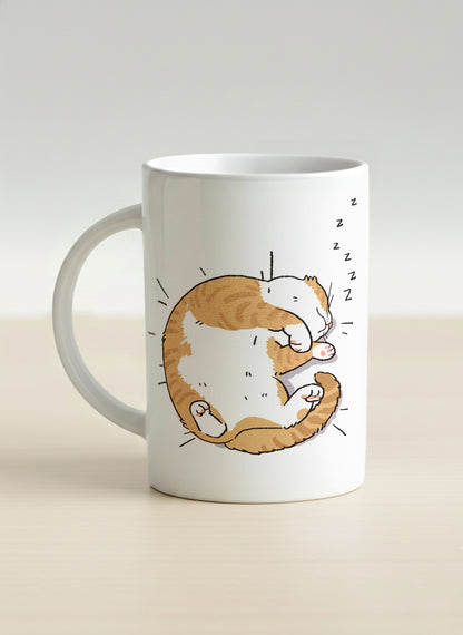 hero Mug | Sweet Dreams left view mug, a ginger tabby cat curled into a perfect circle fast asleep with tiny zzz's floating above, clean white interior and handle, by Hyun Jung Cho - Gallery By Inhesion