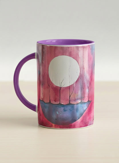 Hero mug | Sail the Moon left view mug with watercolor night scene, boat silhouette, trees and full moon, purple handle and interior by Renee Pupetz - Gallery By Inhesion