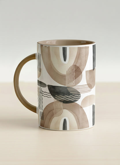 Hero Mug | Organic Shades left view mug, earthy beige and charcoal abstract shapes, cream interior, olive handle, by Alan CL Lee - Gallery By Inhesion
