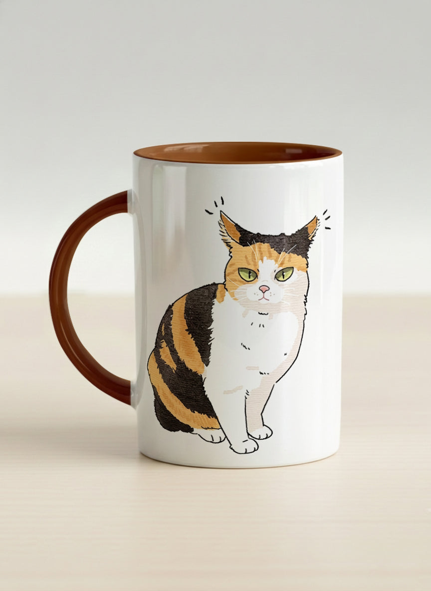 hero Mug | Spicy Calico left view mug grumpy calico cat with piercing green eyes and ruffled fur, dark chocolate interior, by Hyun Jung Cho