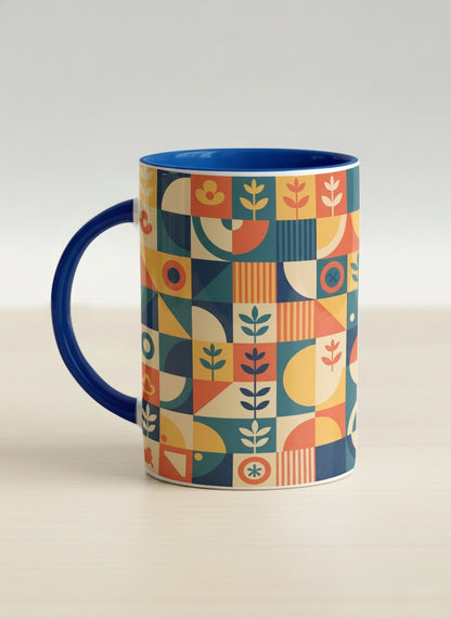 Hero Mug | Bloom Across Realities left view mug, bold geometric pattern, blue interior and handle, concrete surface  by Alan CL Lee - Gallery By Inhesion