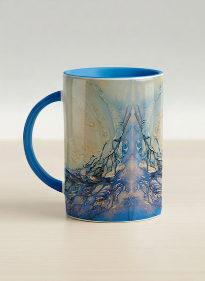 Hero Mug | Touches of depth left view mug showing abstract pattern in blue, white, and gold by Mersedes Mein - Gallery By Inhesion