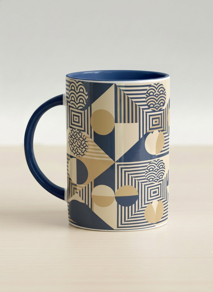 Hero Mug | Fractured Horizon Drift left view mug, navy and gold geometric pattern, dark interior and handle, by Alan CL Lee - Gallery By Inhesion