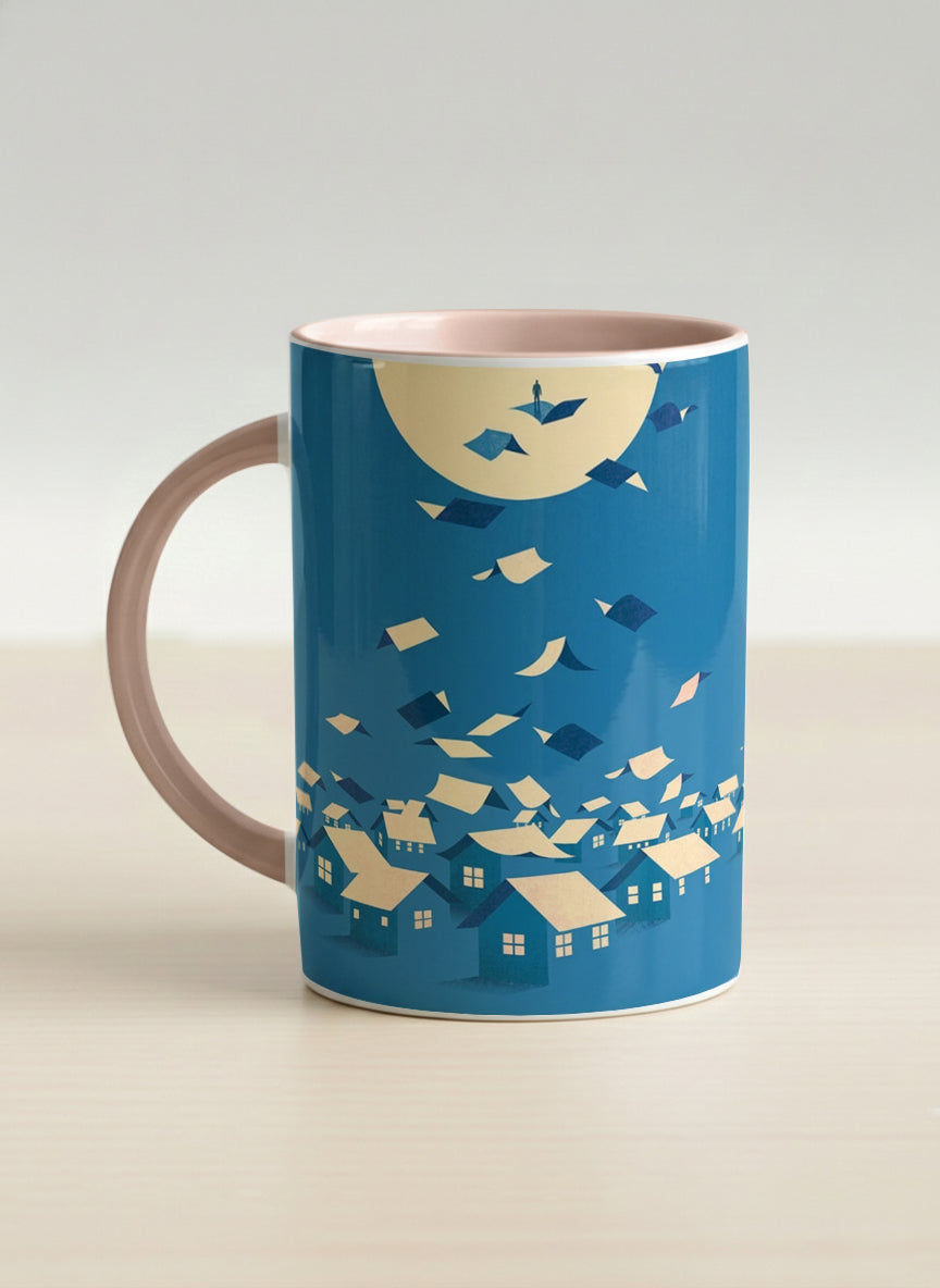 Hero Mug | House of Wings left view mug with whimsical house roof flying over a night cityscape by Tang Yau Hoong - Gallery By Inhesion