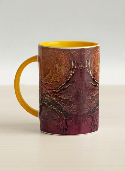Hero Mug | Fiery Arabesque left view mug showing abstract marbled pattern in earthy brown, red, and gold tones by Mersedes Mein - Gallery By Inhesion