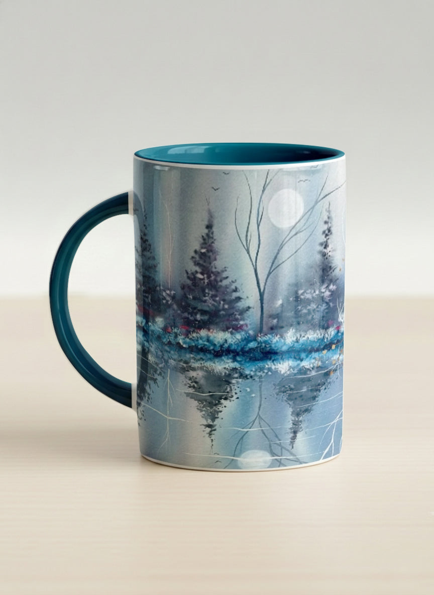 Hero Mug | Winter Reflections on a Frosted Slope left view mug showing a serene landscape with trees, water, and a moon design by Renee Pupetz - Gallery By Inhesion