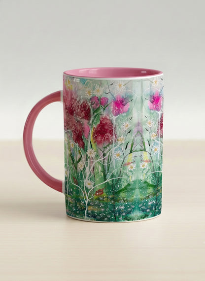 Hero Mug | Nature’s waking up left view mug shows a floral design with colorful blossoms and lush greenery by Renee Pupetz - Gallery By Inhesion