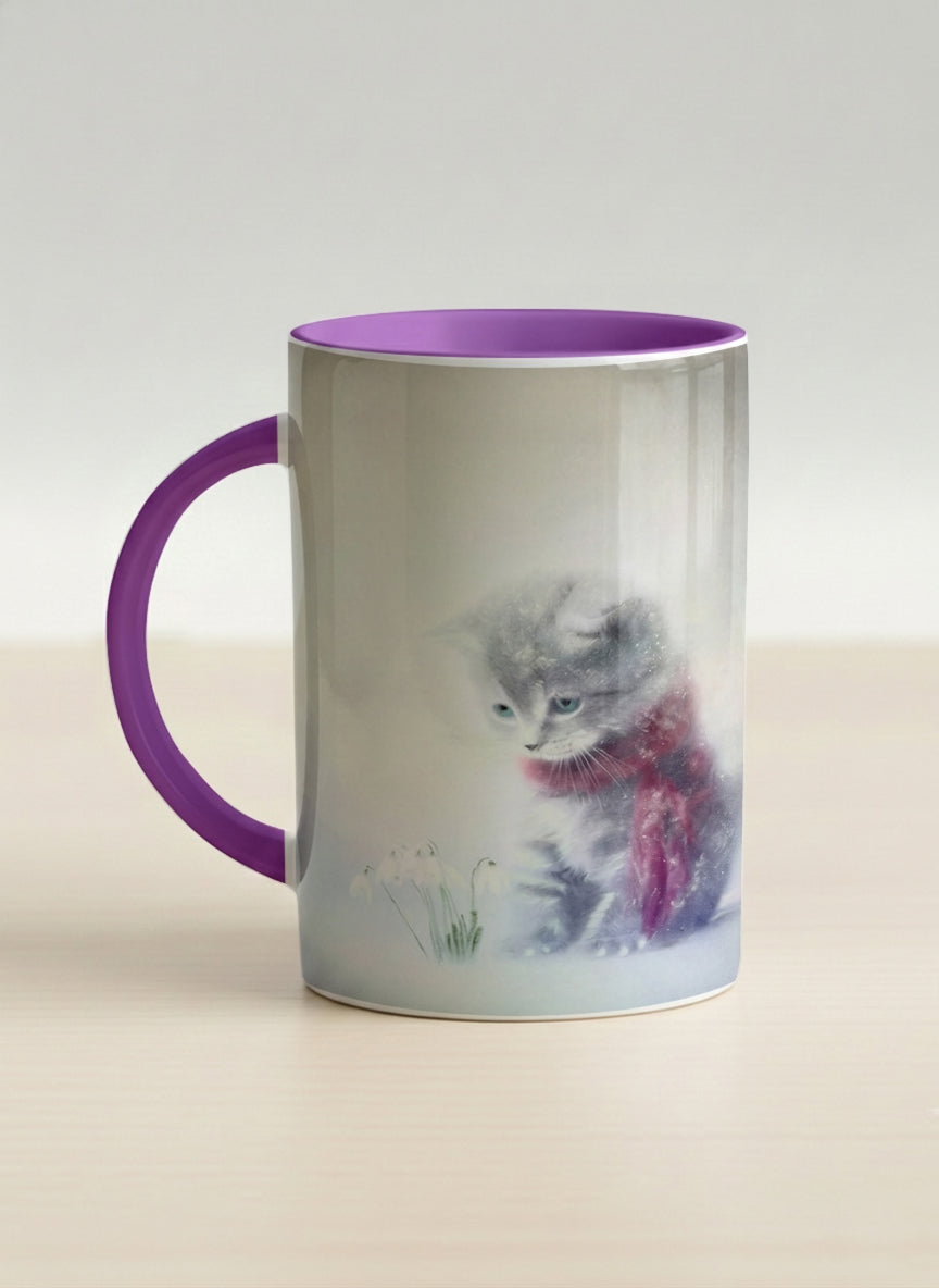 Hero mug | Waiting for Spring left view mug, a tiny kitten in a burgundy scarf sitting in a soft misty meadow, dusty rose interior and handle, by Karina Mosser - Gallery By Inhesion
