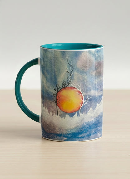 Hero Mug | Sun Rise left view mug with a colorful sun rise over a misty landscape and abstract trees by Renee Pupetz - Gallery By Inhesion