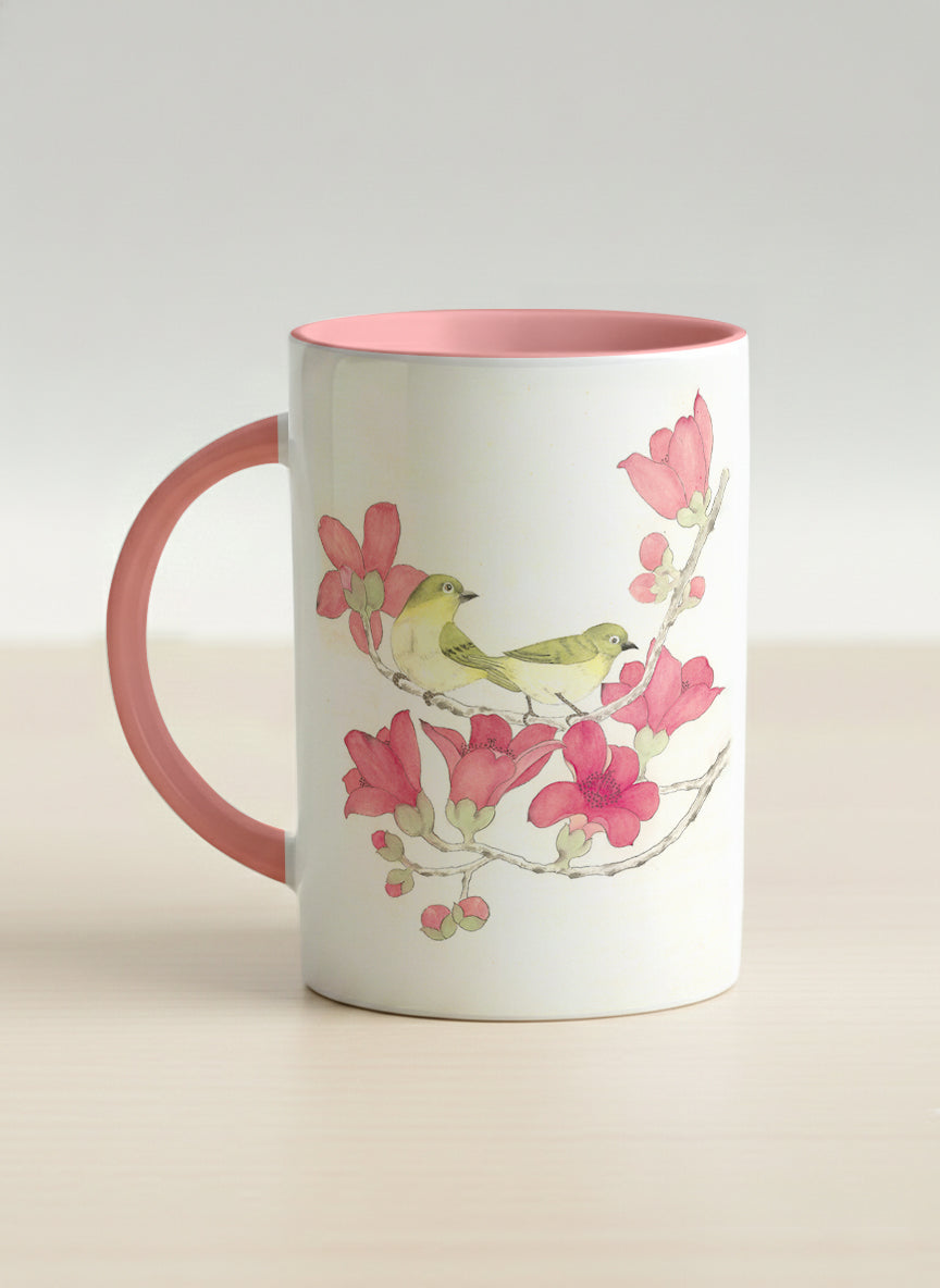 Hero Mug | Forever Love left view mug with watercolor birds on branch with pink flowers by Alice Wong - Gallery By Inhesion