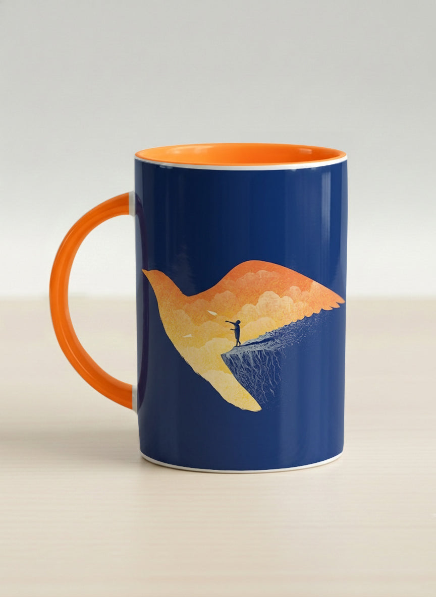 Hero Mug | Dream Big left view mug with surreal flying bird illustration in sunset colors by Tang Yau Hoong - Gallery By Inhesion