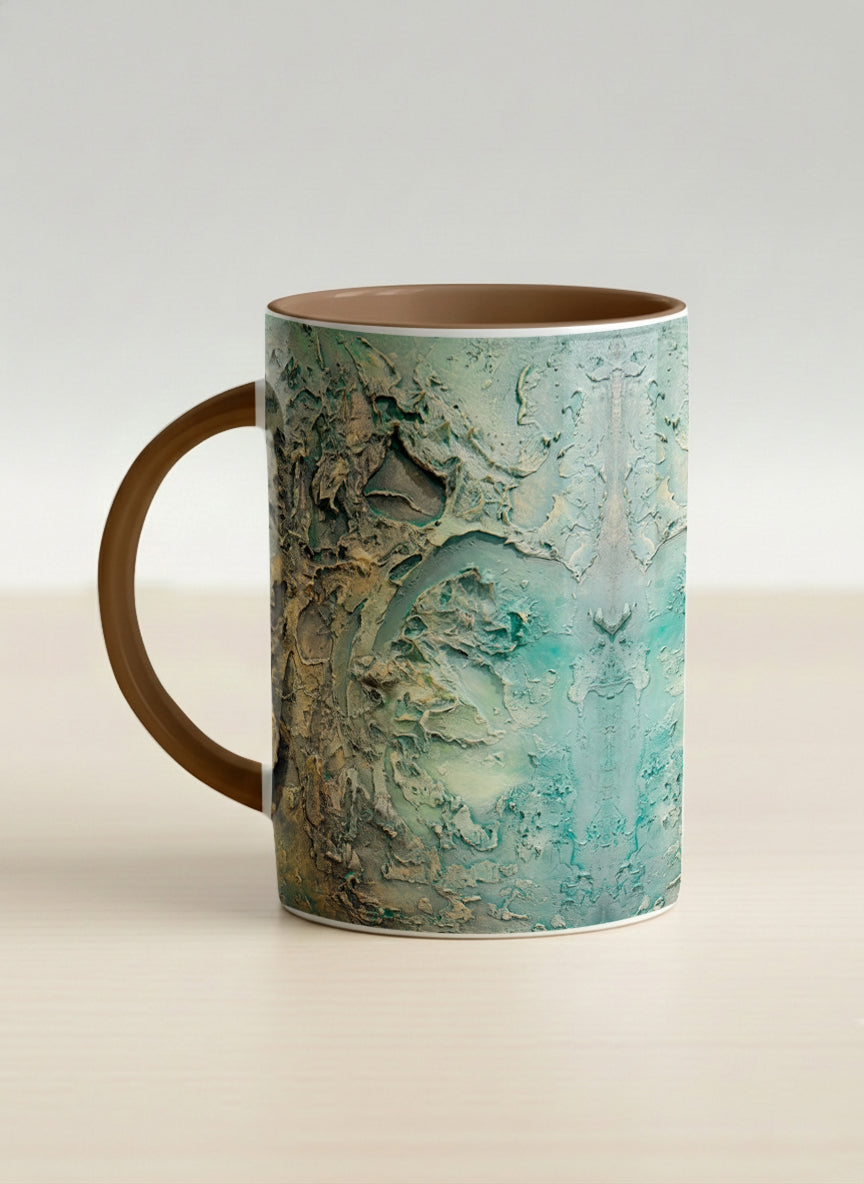Hero Mug | Green textured left view mug with earthy, weathered pattern and brown handle on a light surface by Mersedes Mein - Gallery By Inhesion