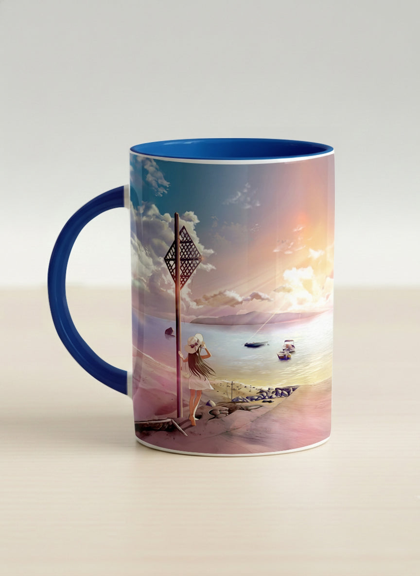 Hero Mug | The Shore of Summer Longing left view mug showing a scenic beach illustration with a girl and a sunset by Samuel Kwok - Gallery By Inhesion