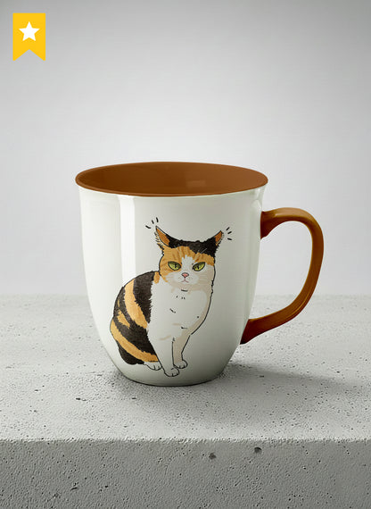 Ronny Mug | Spicy Calico mug grumpy calico cat with piercing green eyes and ruffled fur, dark chocolate interior, by Hyun Jung Cho