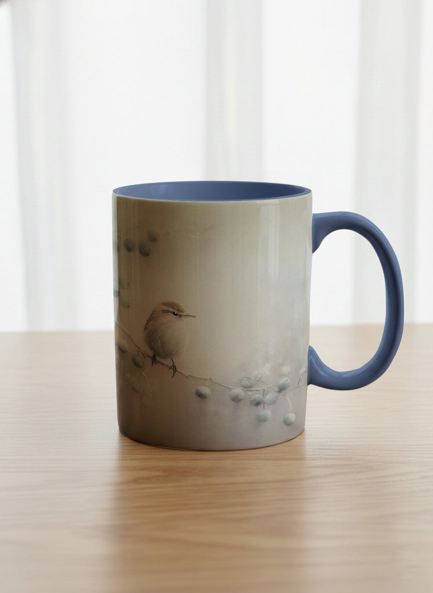 classic mug | A Quiet Moment mug,solitary bird perched in a soft misty landscape with delicate dot details, dusty blue interior and handle, by Karina Mosser - Gallery By Inhesion