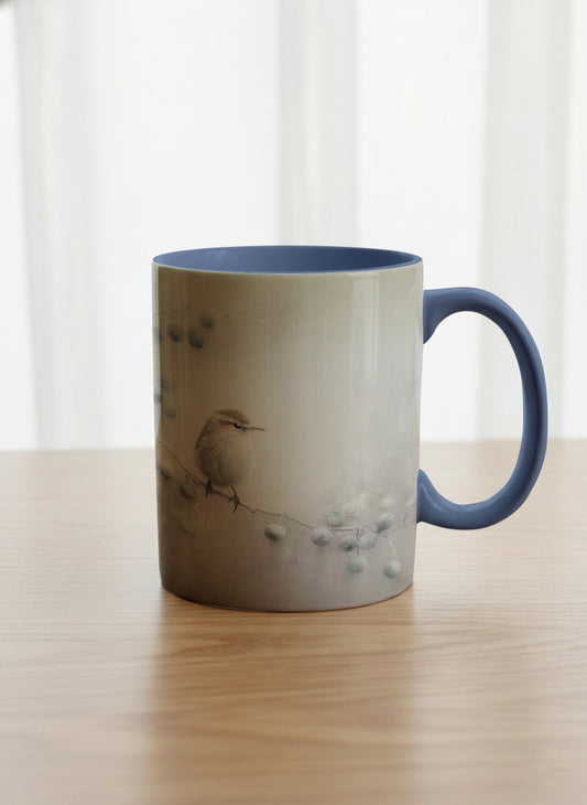 classic mug | A Quiet Moment mug,solitary bird perched in a soft misty landscape with delicate dot details, dusty blue interior and handle, by Karina Mosser - Gallery By Inhesion