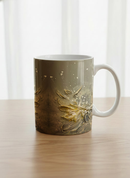 classic mug | Awakening mug showing textured floral design in muted grey-gold tones by Mersedes Mein - Gallery By Inhesion