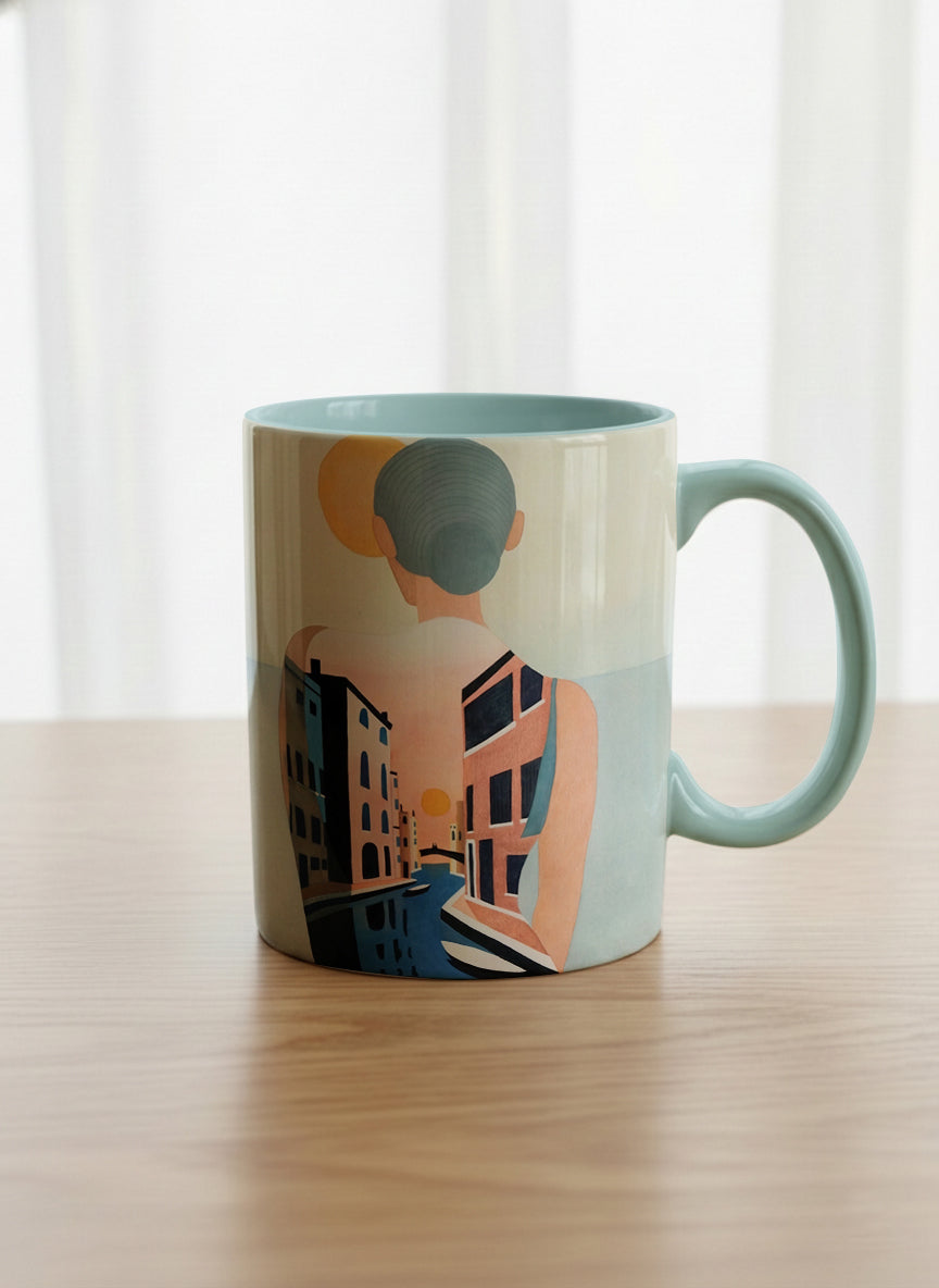 classic mug | Memory on the Bridge mug a solitary figure gazing over a sunlit Venetian canal lined with terracotta buildings, soft powder blue interior and handle, by KikaG - Gallery By Inhesion