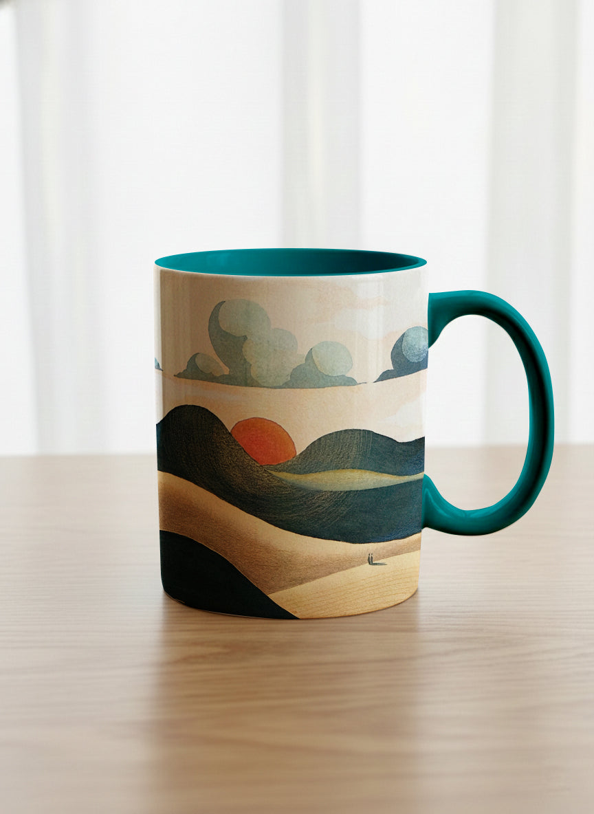 classic mug | Share a Sunset mug a lone figure walking through rolling sand dunes beneath a glowing orange sun and layered teal clouds, deep teal interior and handle, by KikaG - Gallery By Inhesion