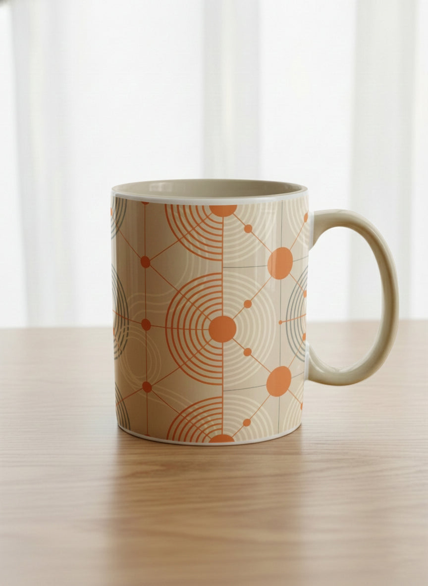 Classic Mug | Entangled Terracotta Web mug, orange geometric circle pattern, cream finish, by Alan CL Lee - Gallery By Inhesion