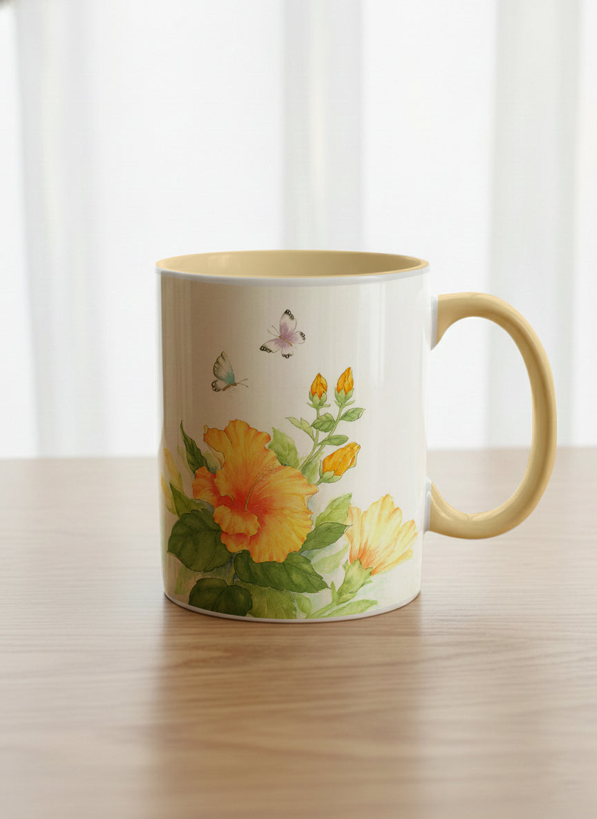 Classic Mug | Butterfly Lovers mug with watercolor butterflies and vibrant yellow/orange flowers by Alice Wong - Gallery By Inhesion