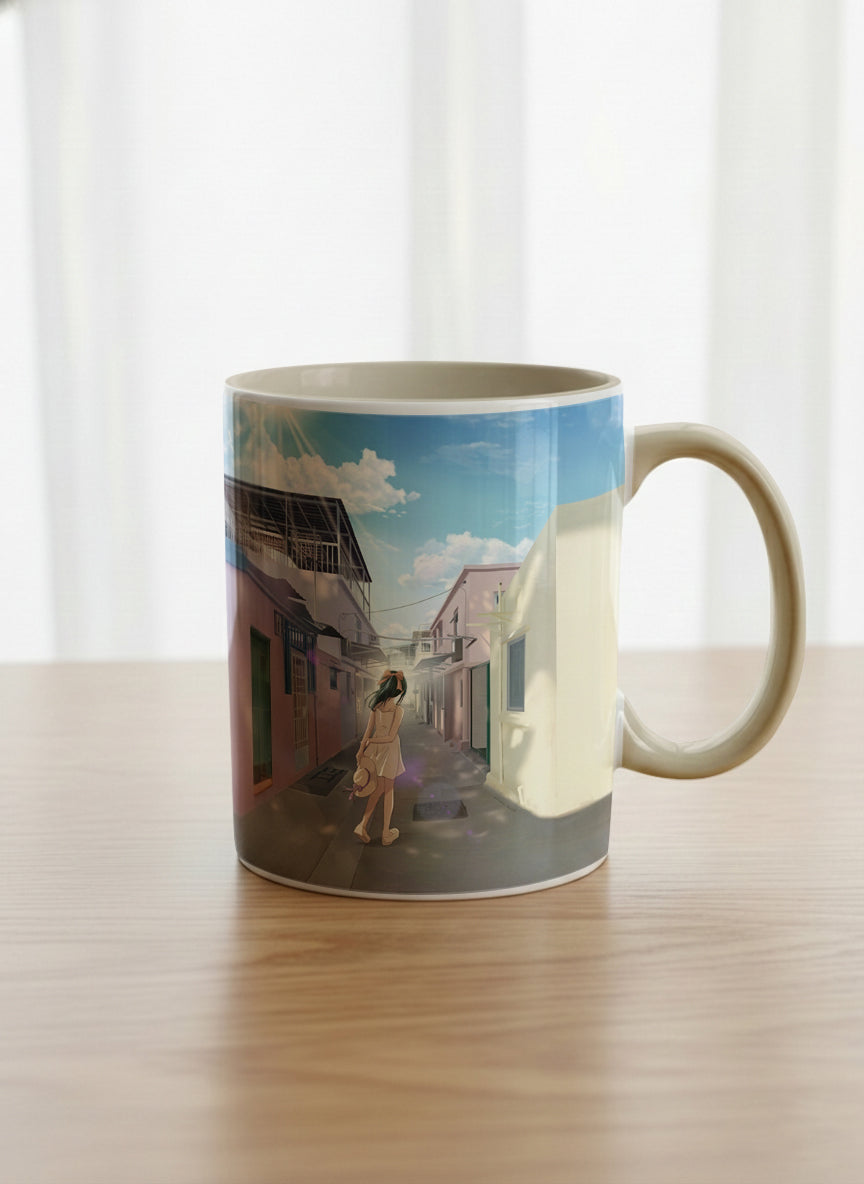 Classic Mug | The Secret Passage mug showing a colorful street scene with a girl walking in a vibrant alley by Samuel Kwok - Gallery By Inhesion