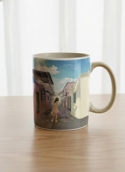 Classic Mug | The Secret Passage mug showing a colorful street scene with a girl walking in a vibrant alley by Samuel Kwok - Gallery By Inhesion