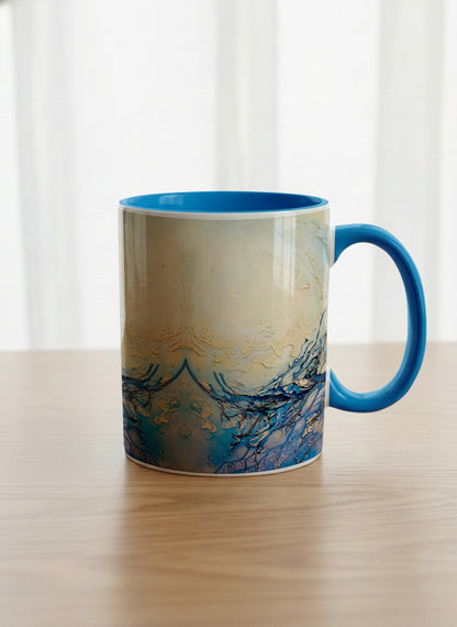 Classic Mug | Touches of depth mug showing abstract pattern in blue, white, and gold by Mersedes Mein - Gallery By Inhesion
