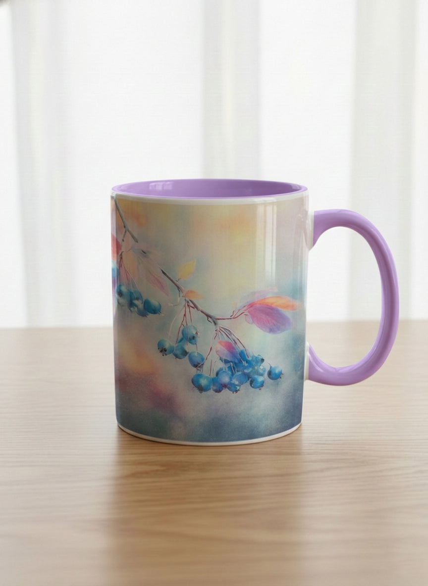 classic mug | Frosted Morning mug, vivid blue berries and autumn leaves drifting across a dreamy pastel rainbow wash, soft lavender interior and handle, by Karina Mosser - Gallery By Inhesion
