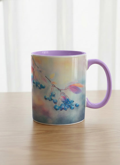 classic mug | Frosted Morning mug, vivid blue berries and autumn leaves drifting across a dreamy pastel rainbow wash, soft lavender interior and handle, by Karina Mosser - Gallery By Inhesion