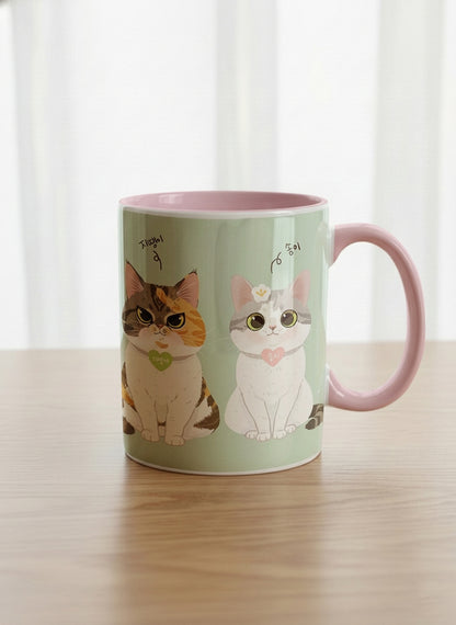 Classic Mug | The Perfect Pair mug two cats with Korean name tags and bow ties on mint green, blush pink interior, by Hyun Jung Cho