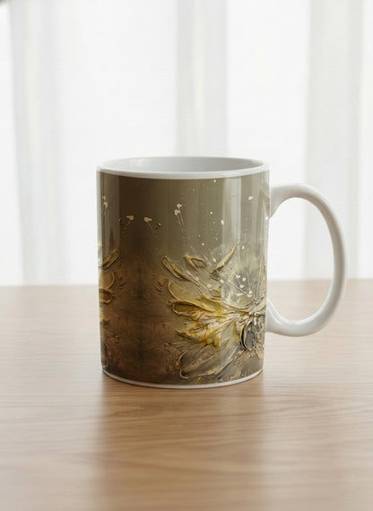 Classic Mug | Awakening mug showing textured floral design in muted grey-gold tones by Mersedes Mein - Gallery By Inhesion