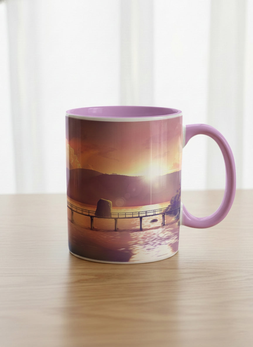 Classic Mug | Gaze into the Golden Hour mug glowing sunset over a lakeside pier in warm amber and violet, soft lilac interior, by Samuel Kwok Gallery By Inhesion