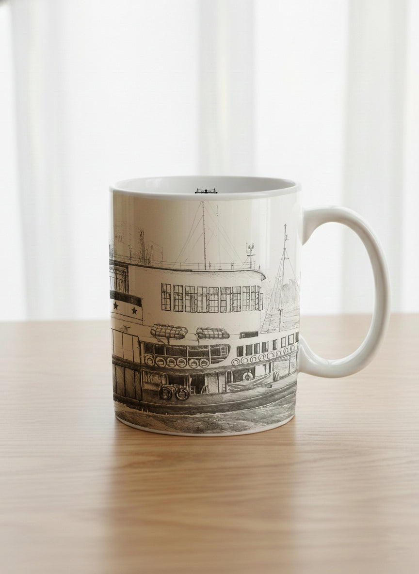 Classic Mug | The Star of the Harbor mug showing a sketch of Star Ferry Pier in Hong Kong by Samuel Kwok - Gallery By Inhesion