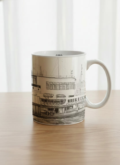 Classic Mug | The Star of the Harbor mug showing a sketch of Star Ferry Pier in Hong Kong by Samuel Kwok - Gallery By Inhesion