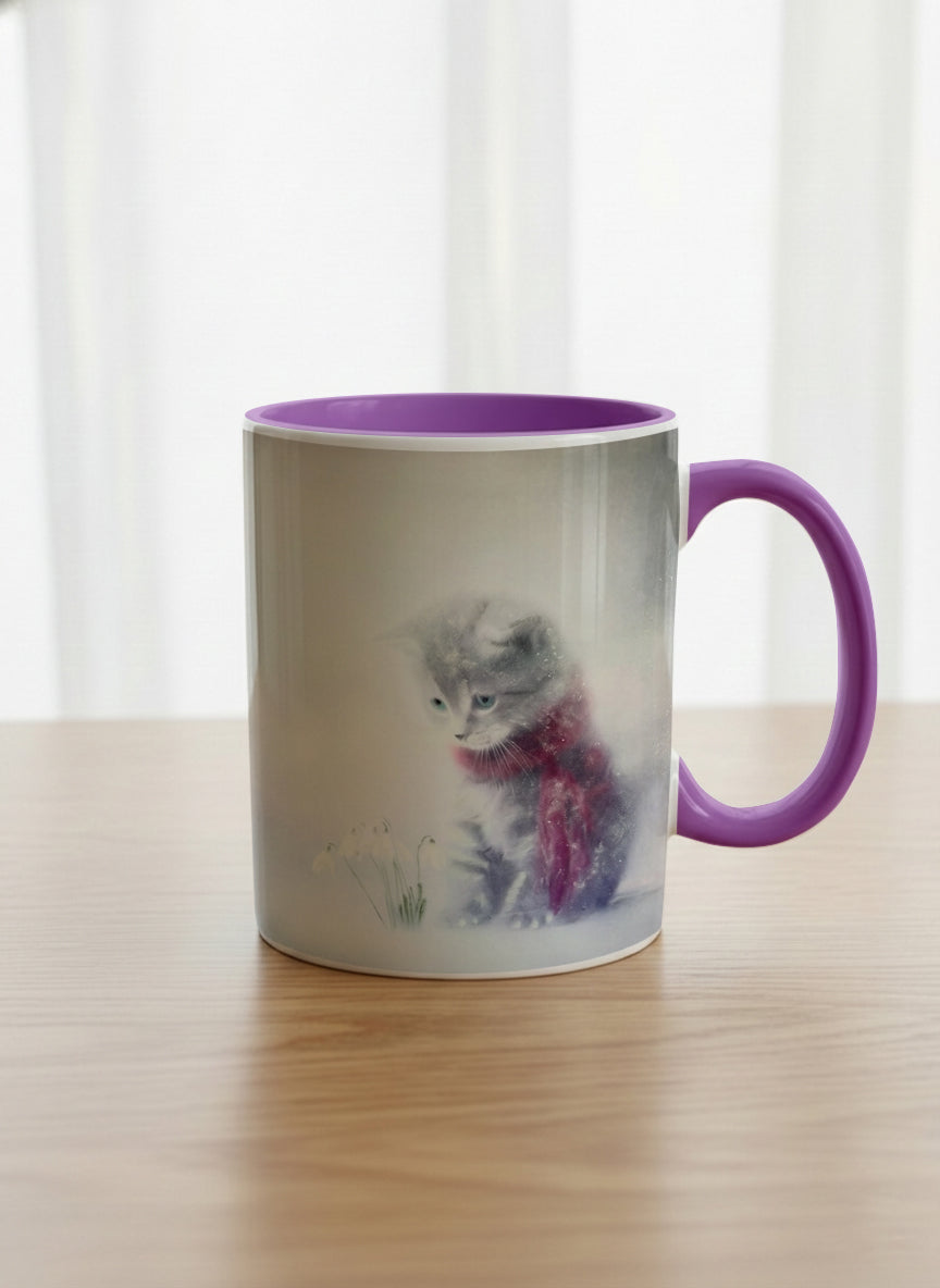 Classic mug | Waiting for Spring mug, a tiny kitten in a burgundy scarf sitting in a soft misty meadow, dusty rose interior and handle, by Karina Mosser - Gallery By Inhesion