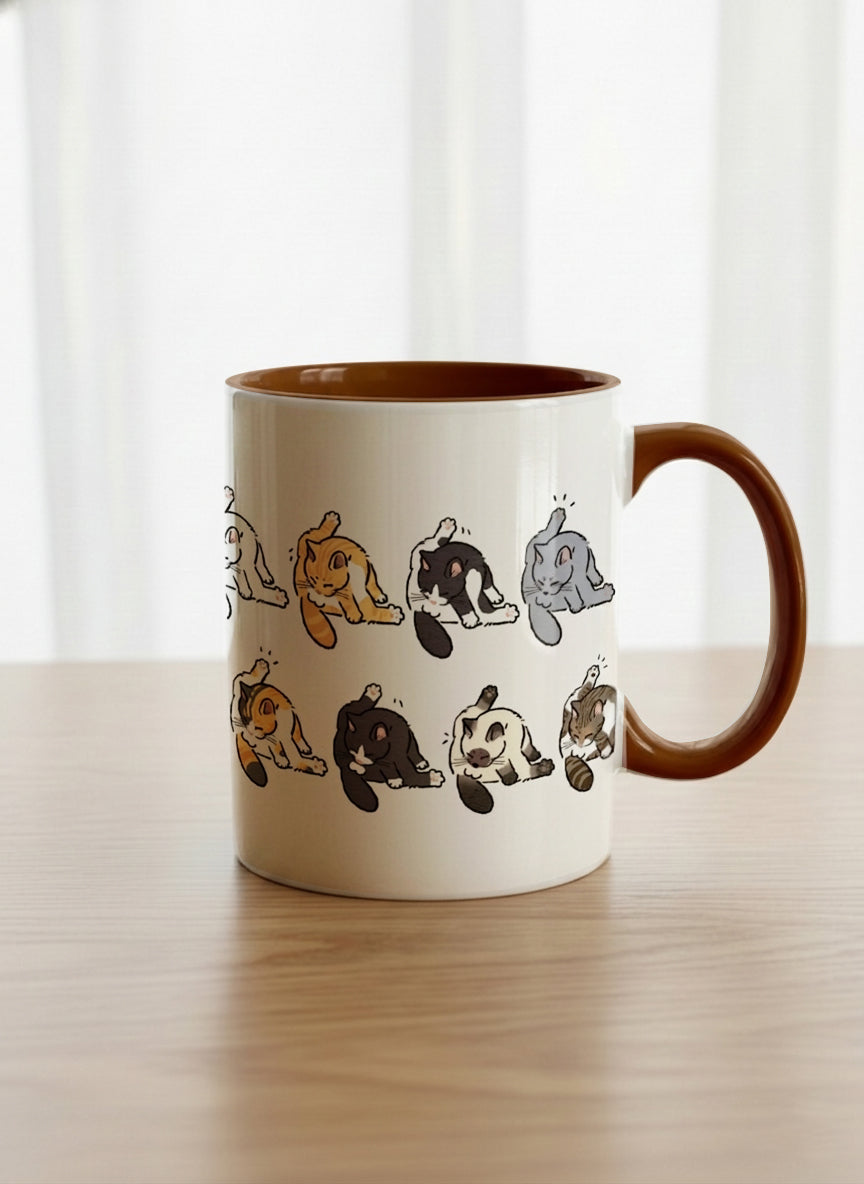 classic Mug | The Grooming Club mug eight cats mid-stretch and self-groom in playful rows, soft grey interior and handle, by Hyun Jung Cho